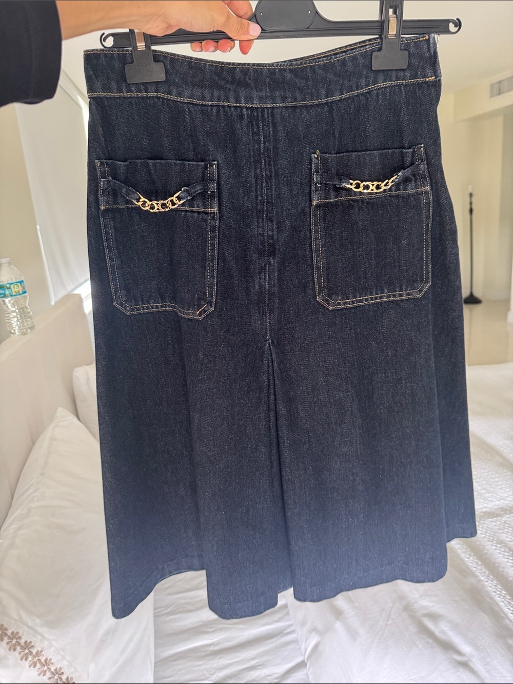 H&M Dark Blue Denim A-Line Skirt with Gold Chain Pocket Detail NWOT